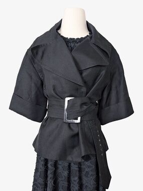 Zara Woman Short Sleeve Trench Coat Blazer Belted Black Size XL